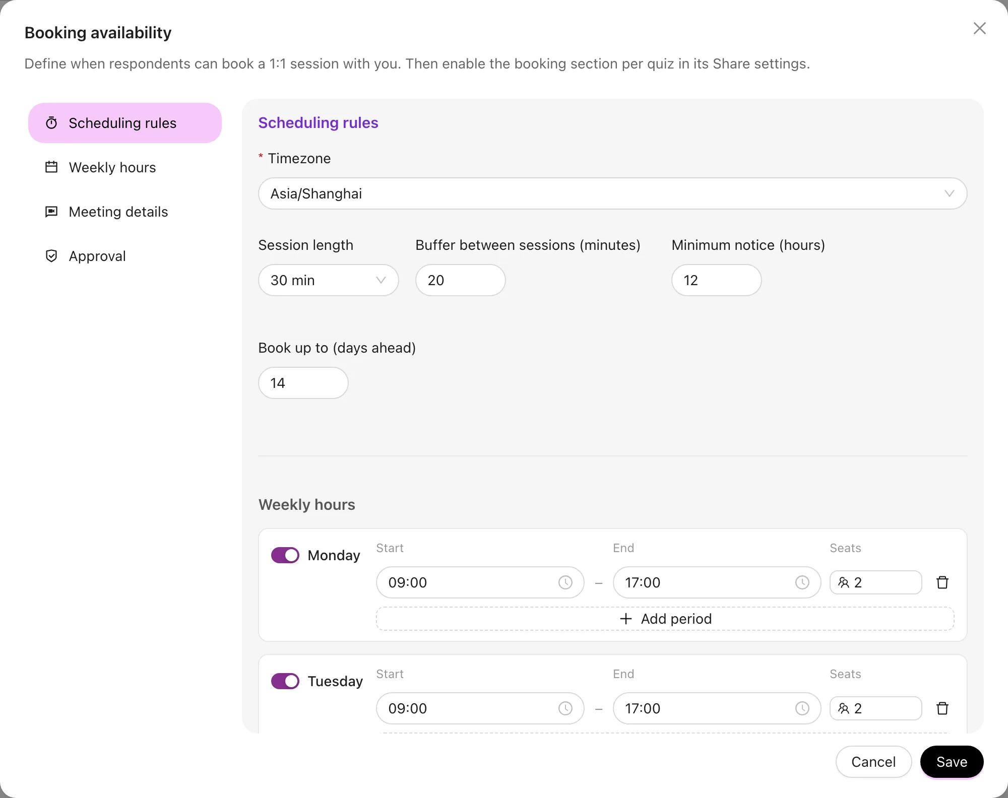 RooQuiz booking availability settings with scheduling rules, weekly hours and seats