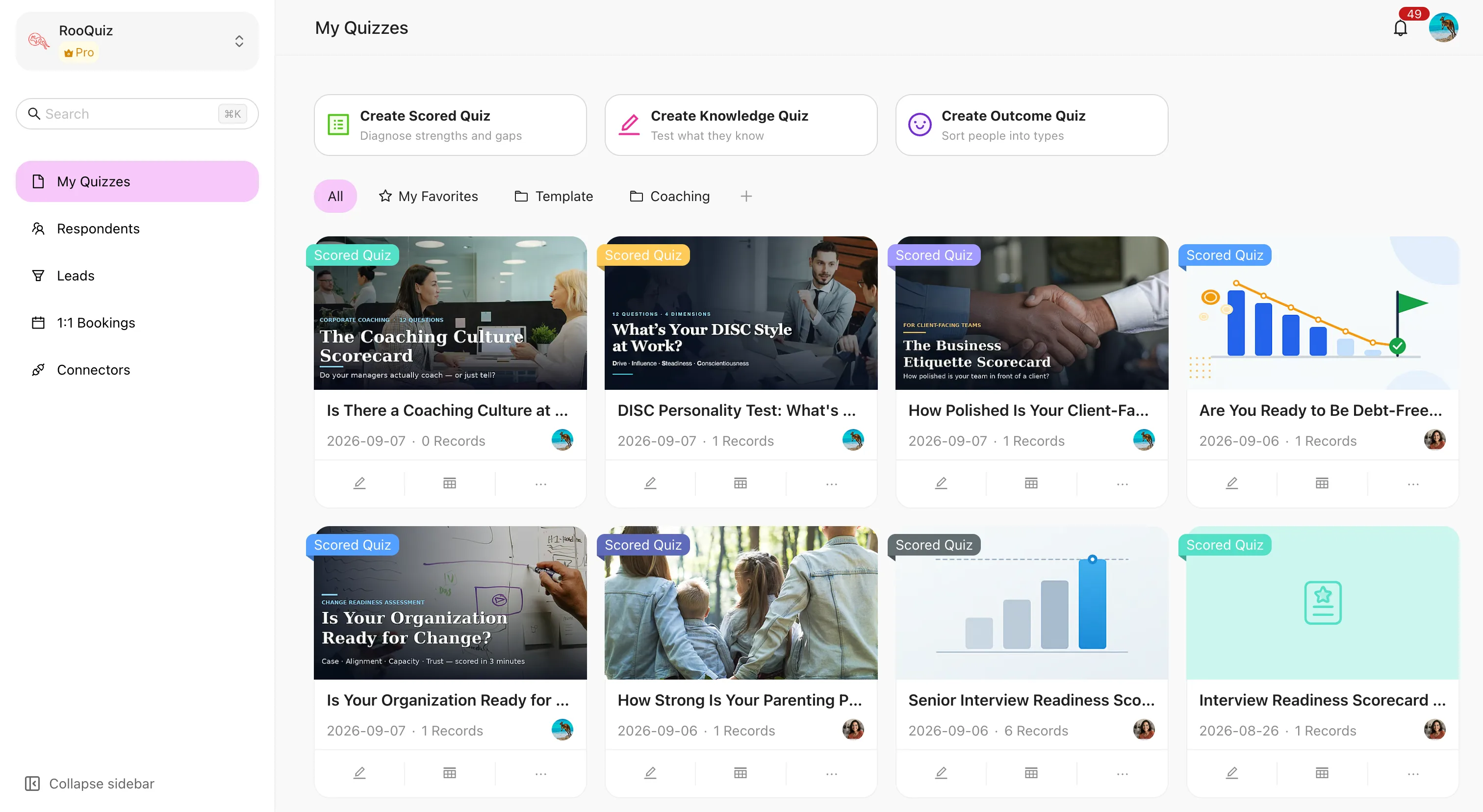 RooQuiz dashboard