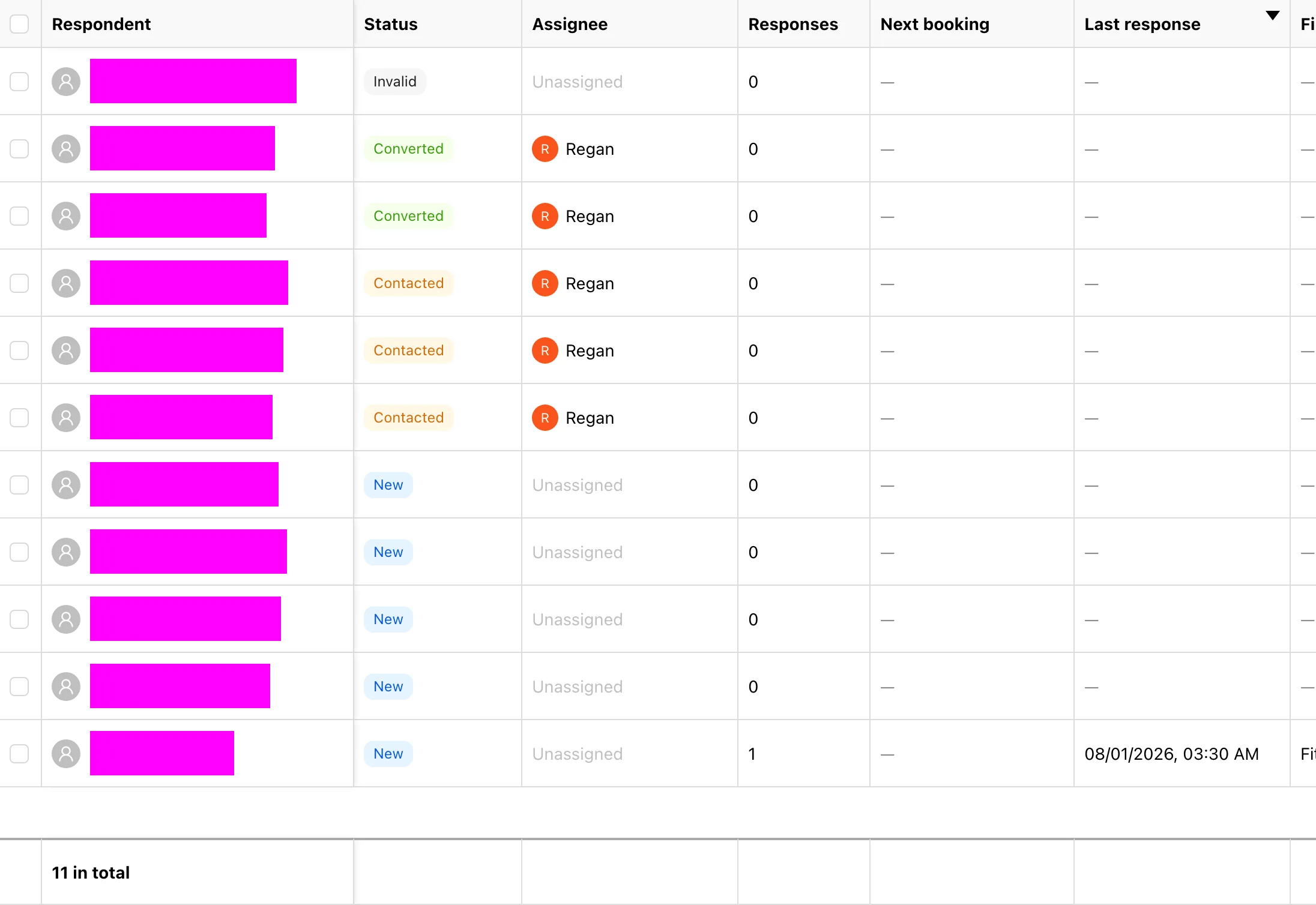 The RooQuiz leads list with respondent, status, tags and owner columns