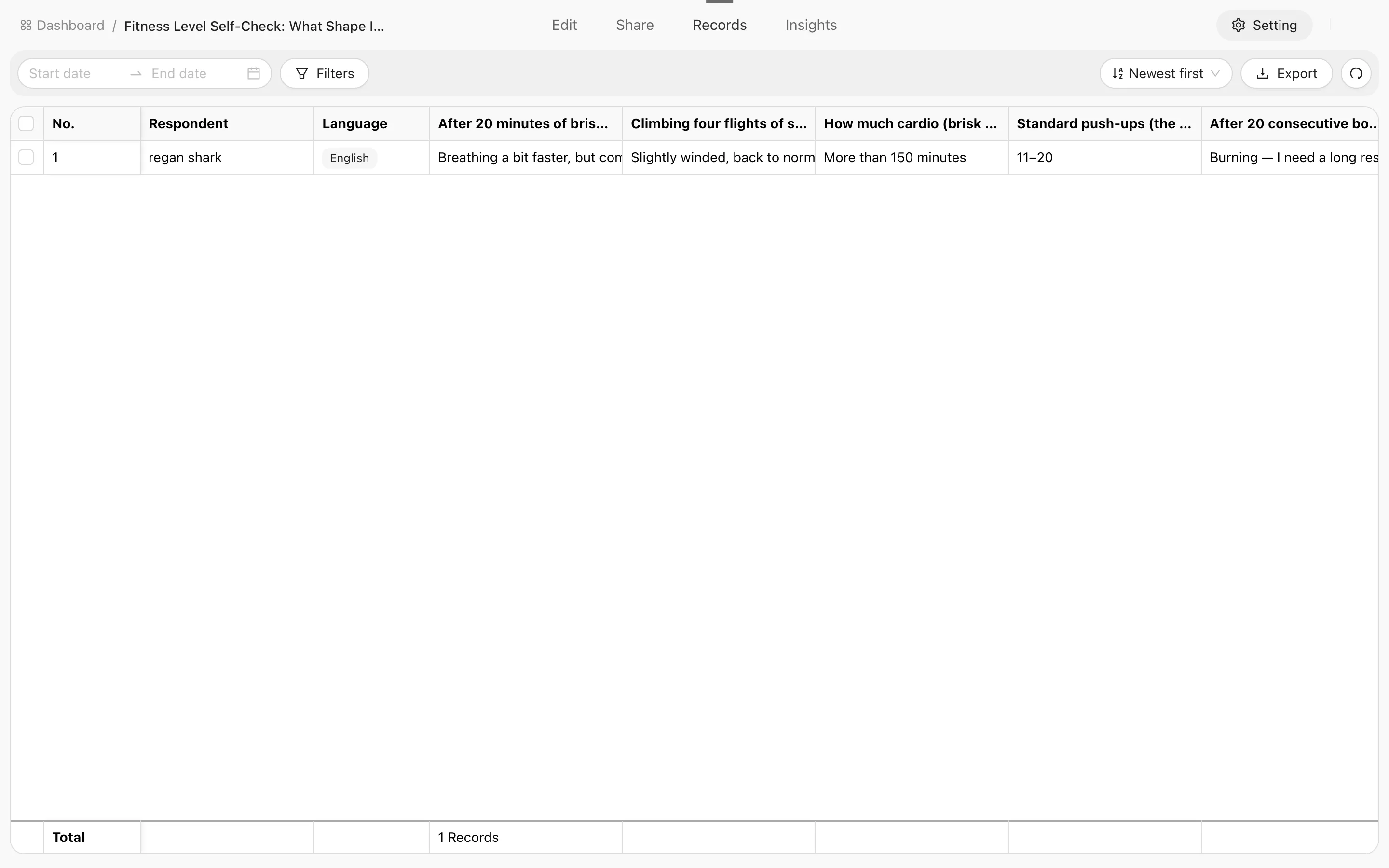 The RooQuiz response records list with the filter builder and table